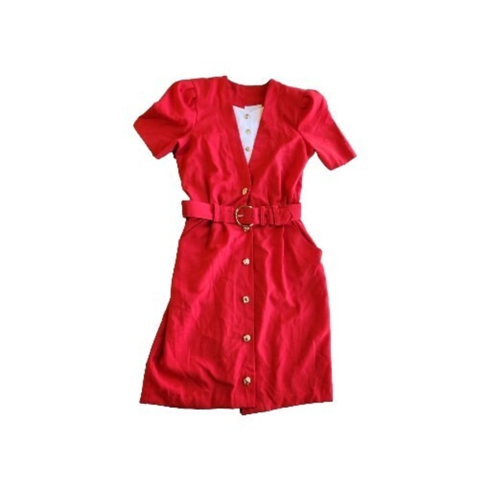 Vintage Periwinkle belted dress size 12 Red White Buttons Short Sleeve